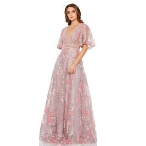 Mac Duggal Women's Pink Plunging Floral Embroidered Ball Gown Size 14 NWT